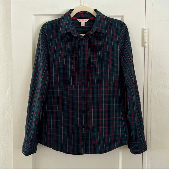 Vintage Brooks Brothers green black red tartan plaid button down tuxedo shirt - Picture 2 of 13